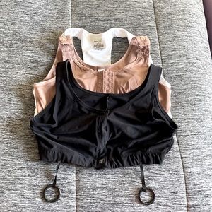 Beige Compression Bra, Black Compression Bra w/ drain holders, White Sports Bra.